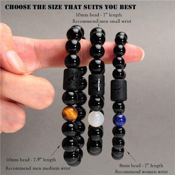 Zodiac Bracelet for Men Women, 8mm 10mm Natural Black Onyx Stone Star Sign - Picture 6 of 8